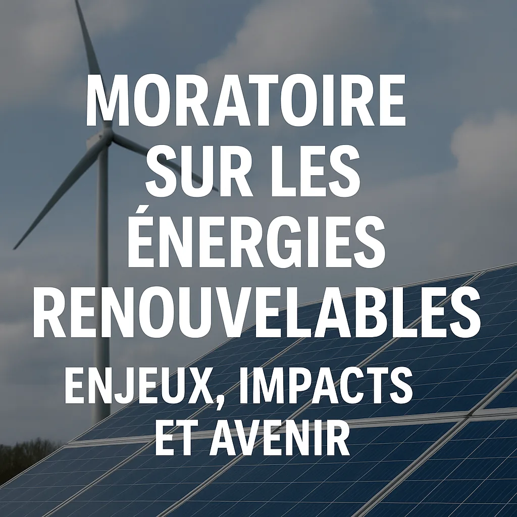 Moratoire sur les énergies renouvelables – visuel avec éolienne et panneaux solaires illustrant les enjeux énergétiques en France.