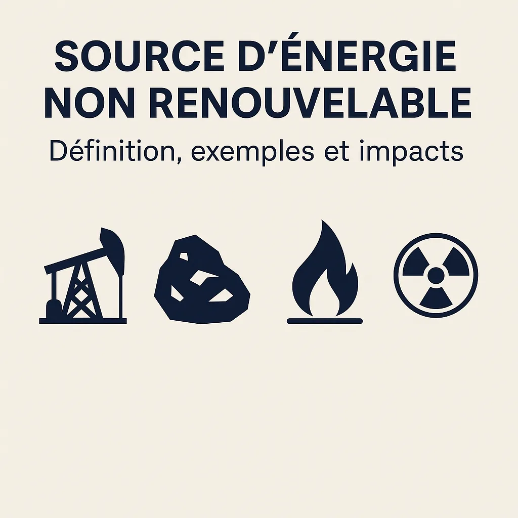 Infographie représentant les quatre sources d’énergie non renouvelable (pétrole, charbon, gaz naturel, nucléaire) avec titre « Source d’énergie non renouvelable : définition, exemples et impacts ».