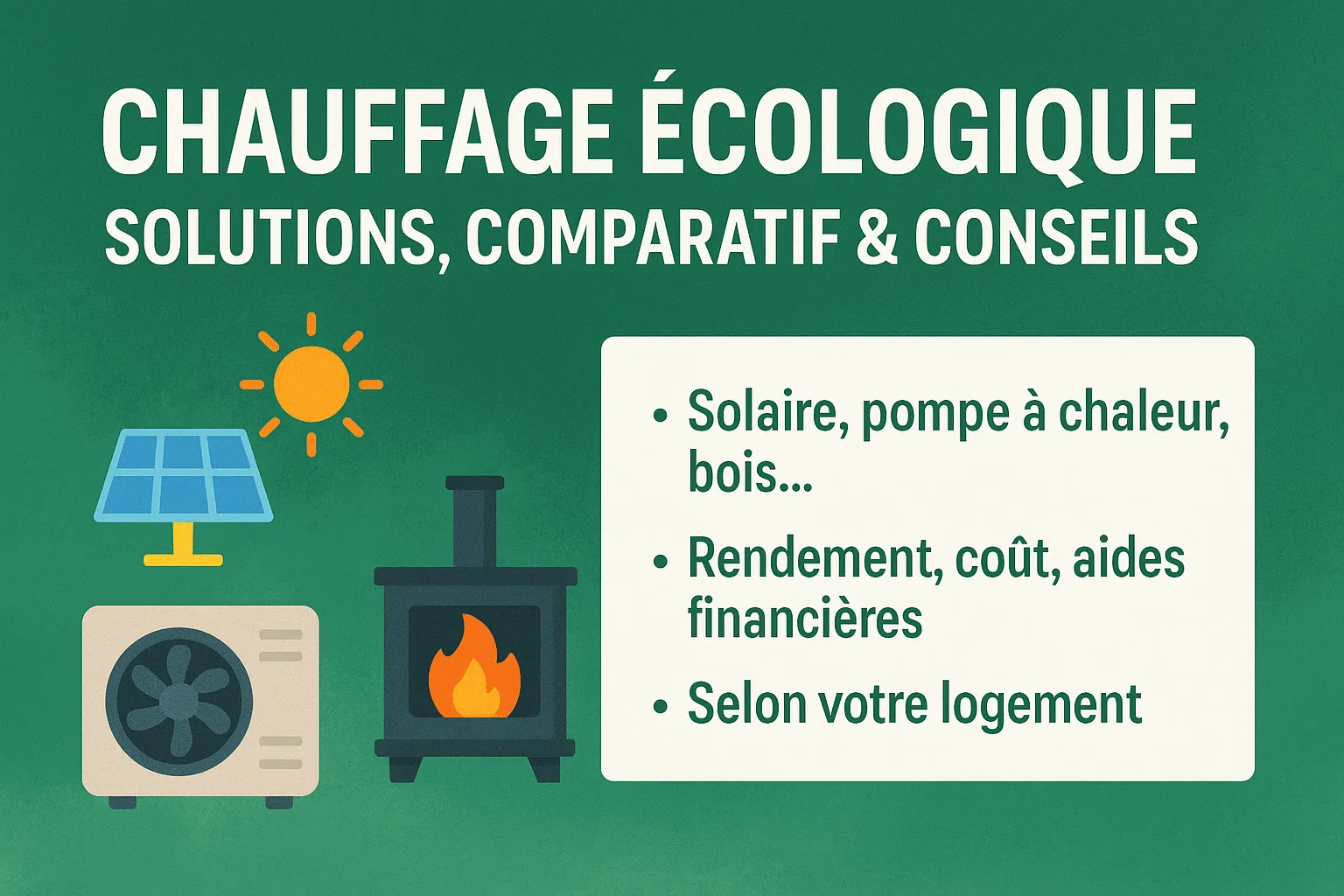 Image de couverture sur fond vert avec le titre « Chauffage écologique : solutions, comparatif & conseils », illustrée par trois icônes : panneau solaire, pompe à chaleur et poêle à bois.