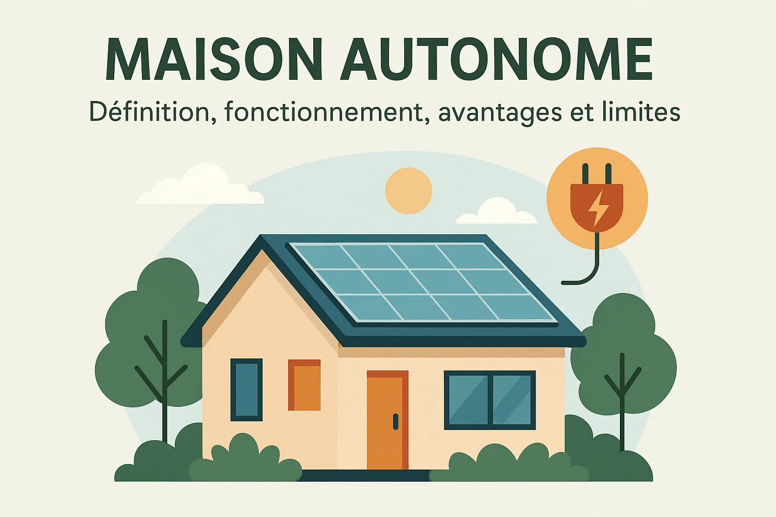 Image de couverture illustrant une maison autonome équipée de panneaux solaires sur le toit, entourée de verdure, avec un ciel en arrière-plan et un pictogramme de prise électrique symbolisant l’autosuffisance énergétique.